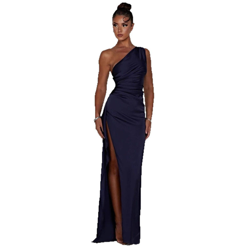 Single-shoulder pleated halter-style satin dress