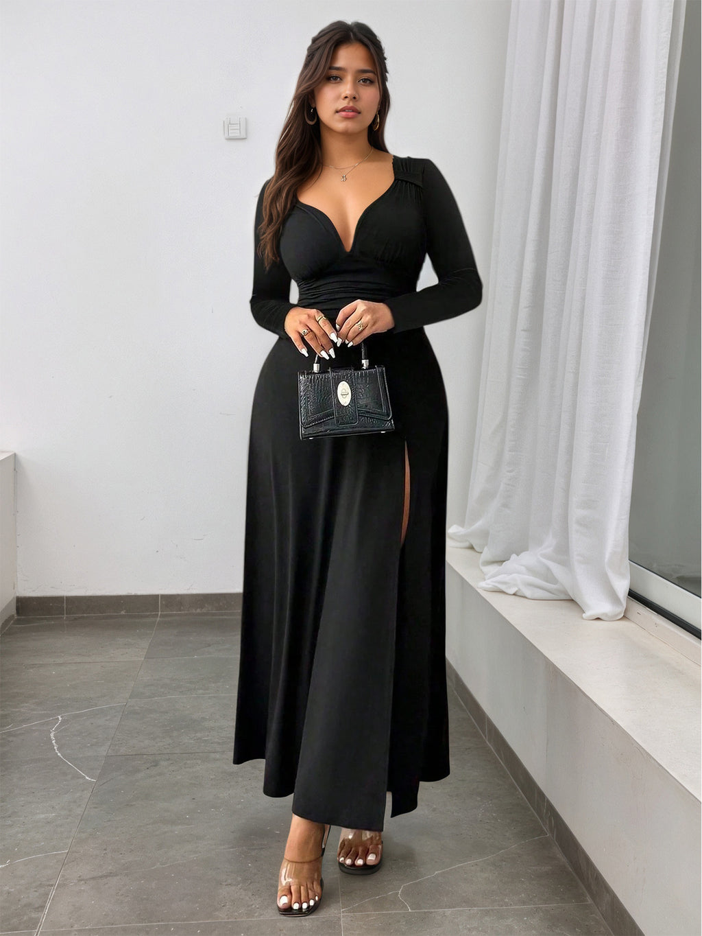 Retro V-Neck Long Sleeve Flared Dress