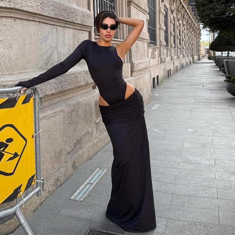 Versatile Cropped Long-Sleeve Slit Skirt Set For Women