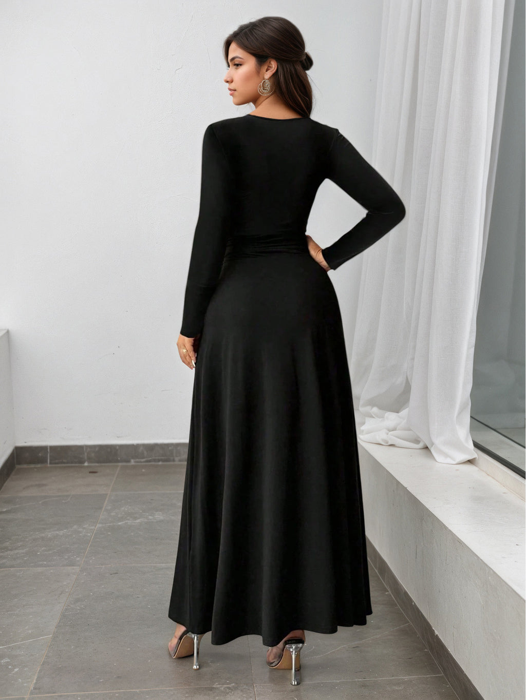 Retro V-Neck Long Sleeve Flared Dress