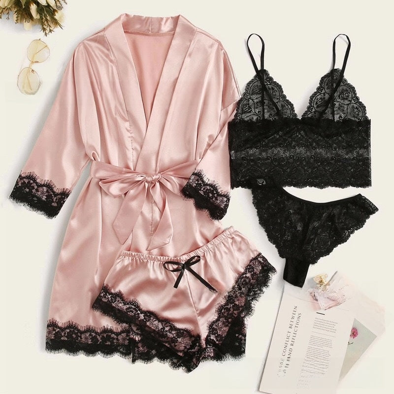 A 4-piece set of lace satin strappy pajamas