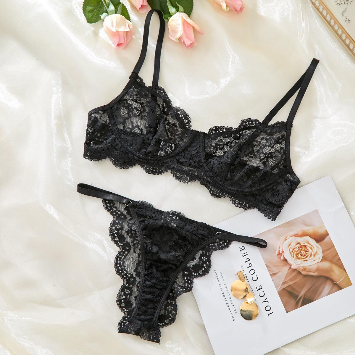 Thong-style lace-trimmed sheer sexy lingerie set