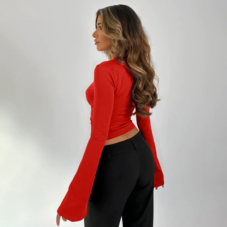 Lace spliced flared long-sleeve top