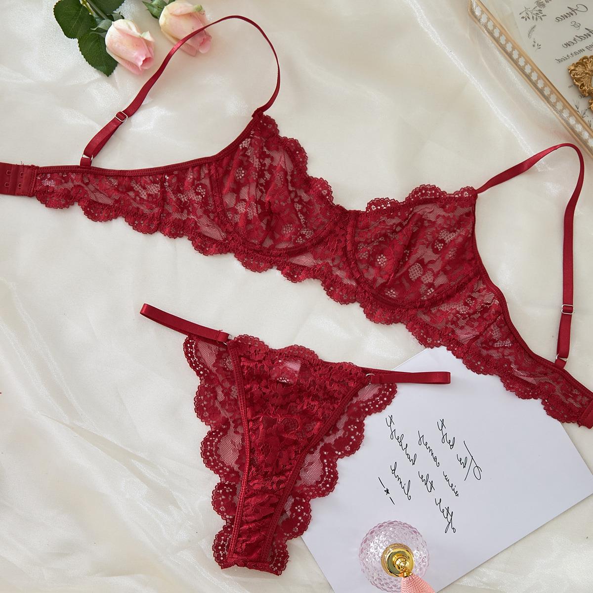 Thong-style lace-trimmed sheer sexy lingerie set