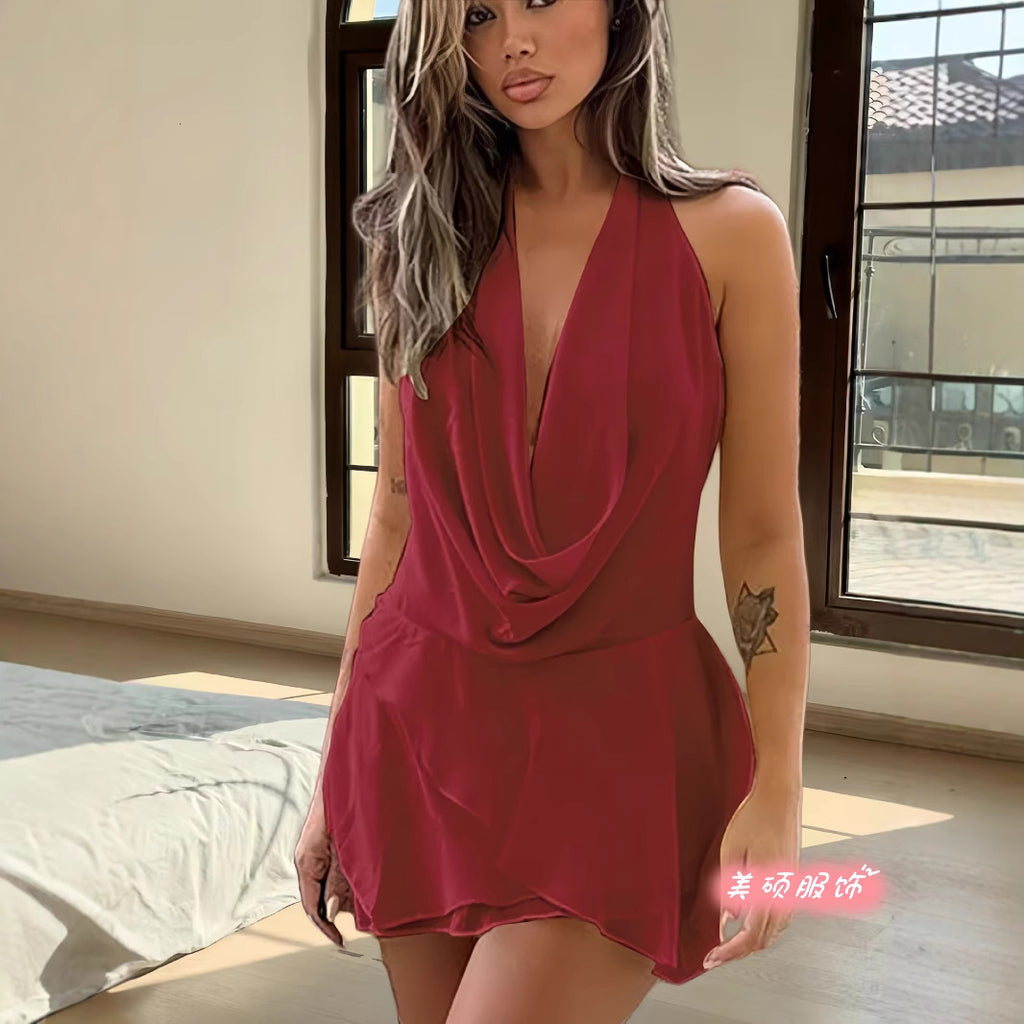 Pure desire hot girl chiffon neck deep V low collar dress autumn and winter new high sense solid color sleeveless skirt