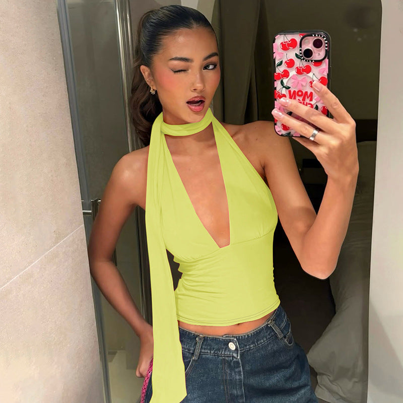 Sexy necktie strap low-cut halter top
