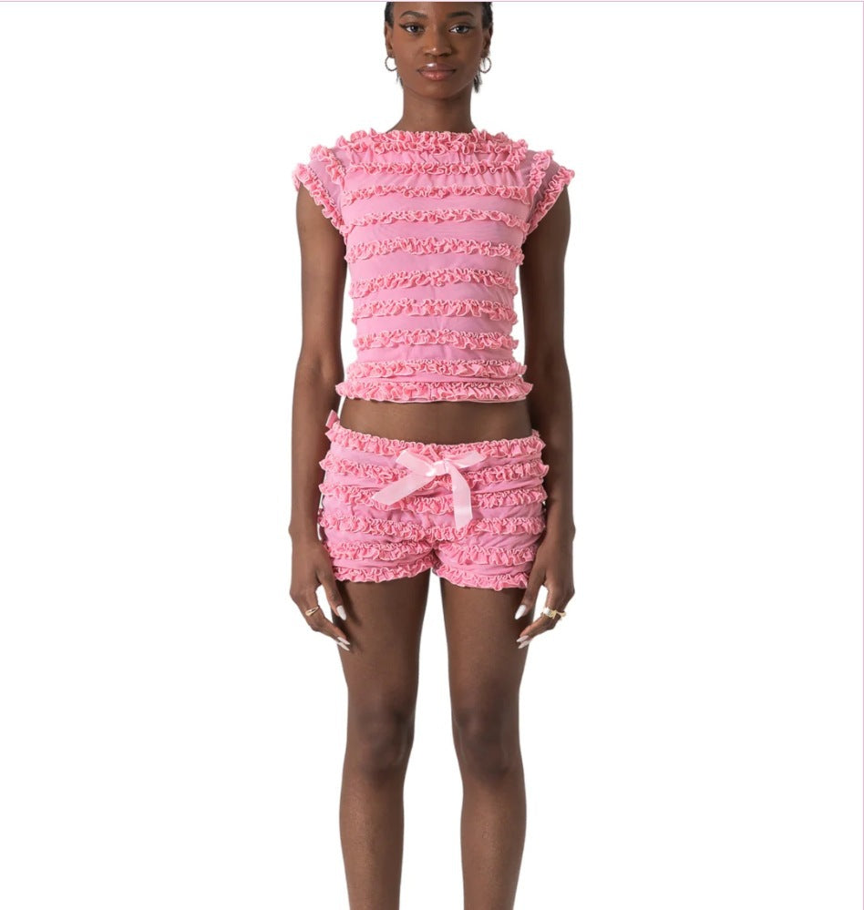 Women's Lace Trim Camisole and Puff Shorts Set