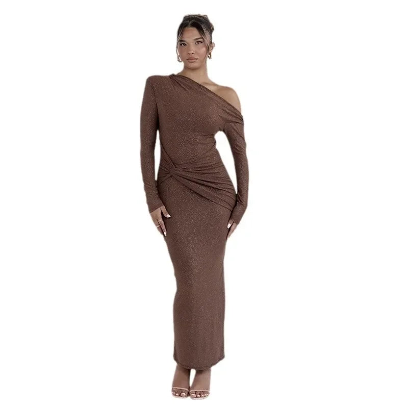 European and American style cross-border autumn and winter new hot-selling slant shoulder long sleeve hip dress fashion sexy pleated slim dress