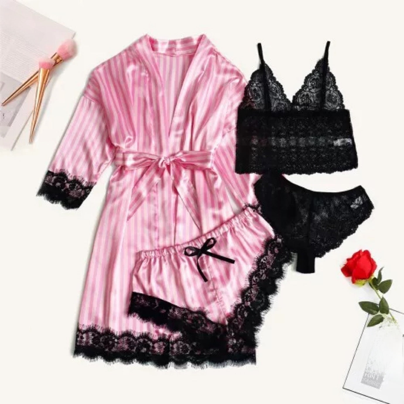 A 4-piece set of lace satin strappy pajamas