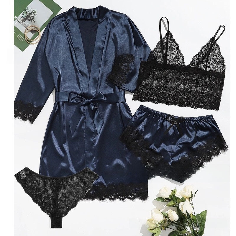 A 4-piece set of lace satin strappy pajamas