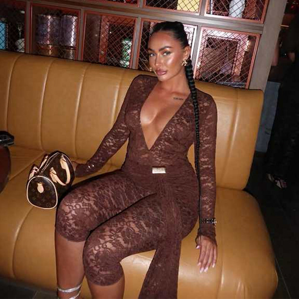 Sexy Lace Tight Jumpsuit with Deep V-Neck