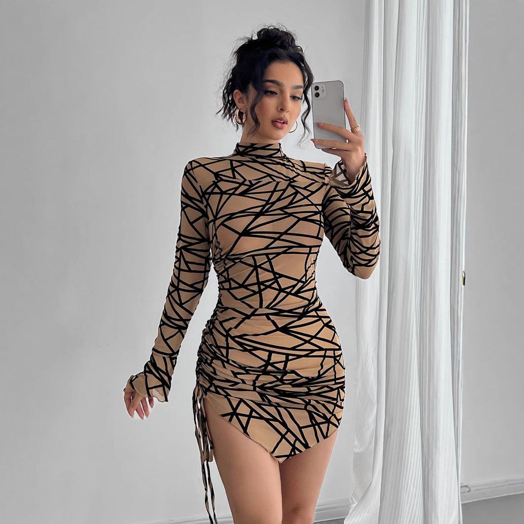 Ladies' fitted long-sleeved irregular short dress