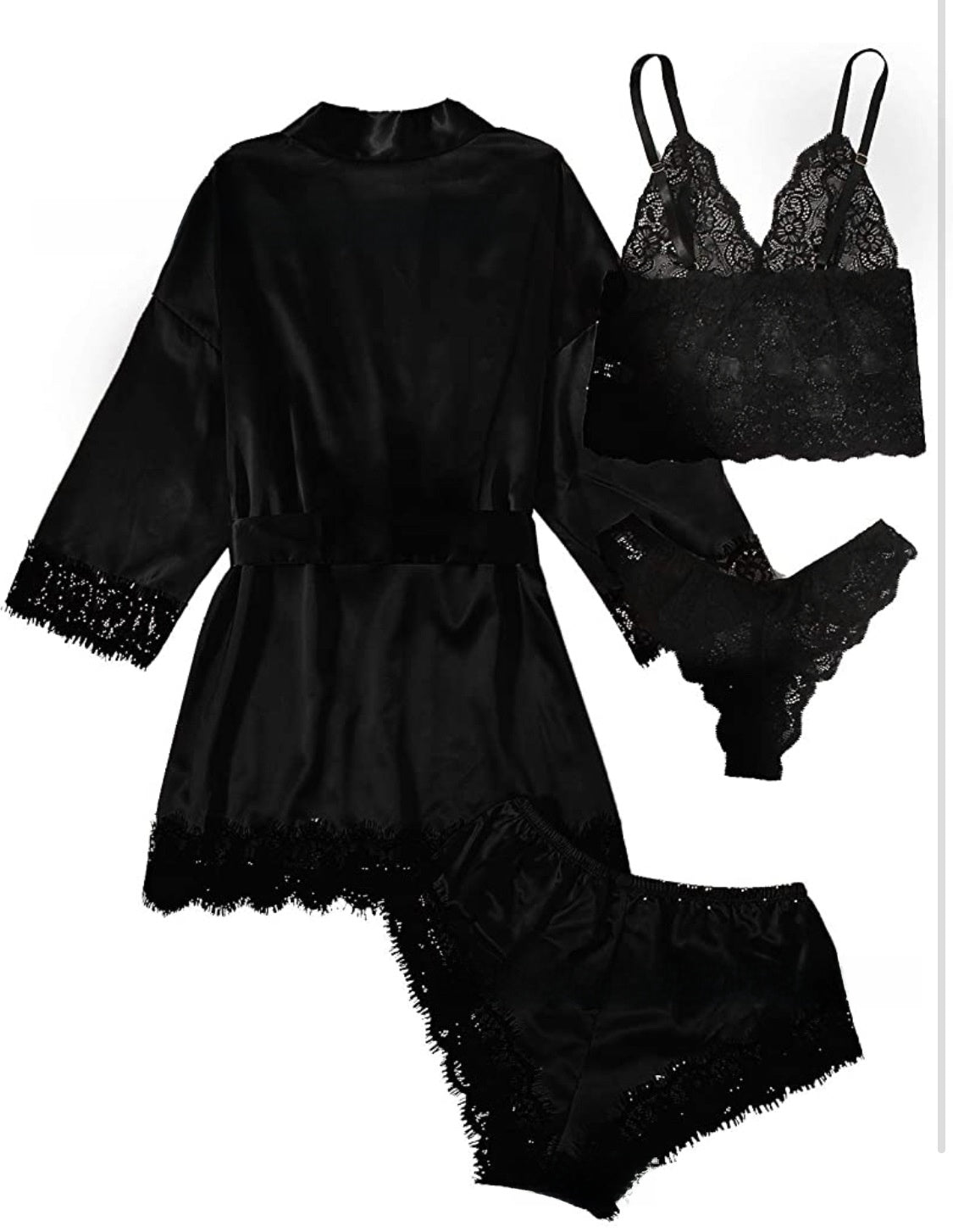 A 4-piece set of lace satin strappy pajamas