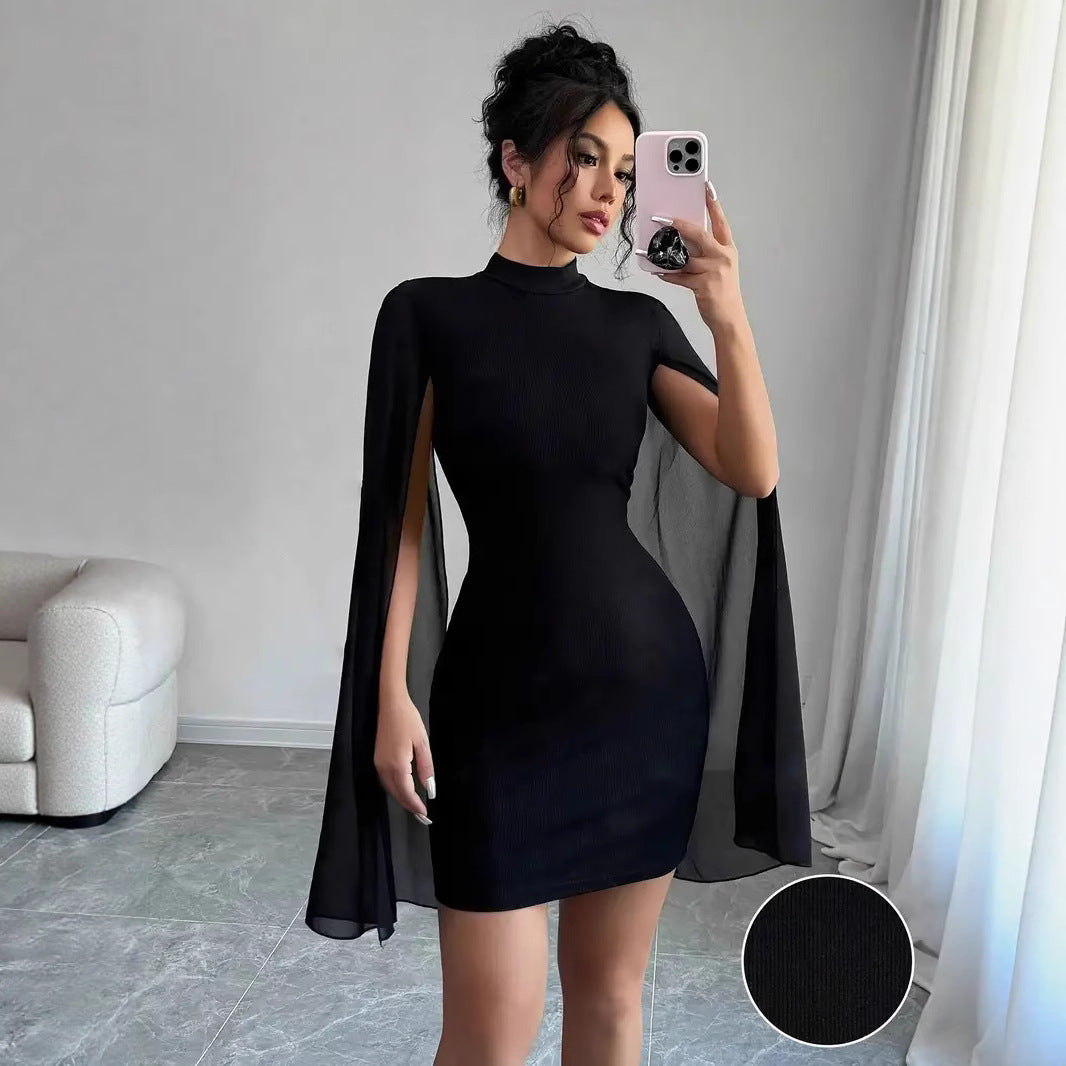 Poncho-style wrap dress with a flared skirt.