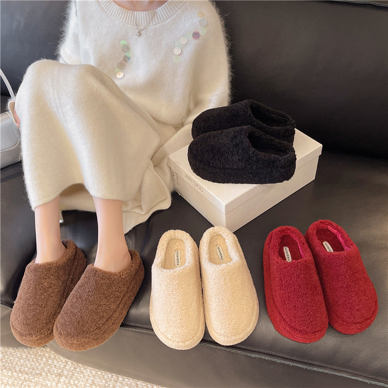 Retro-style closed-toe fleece-lined warm slippers