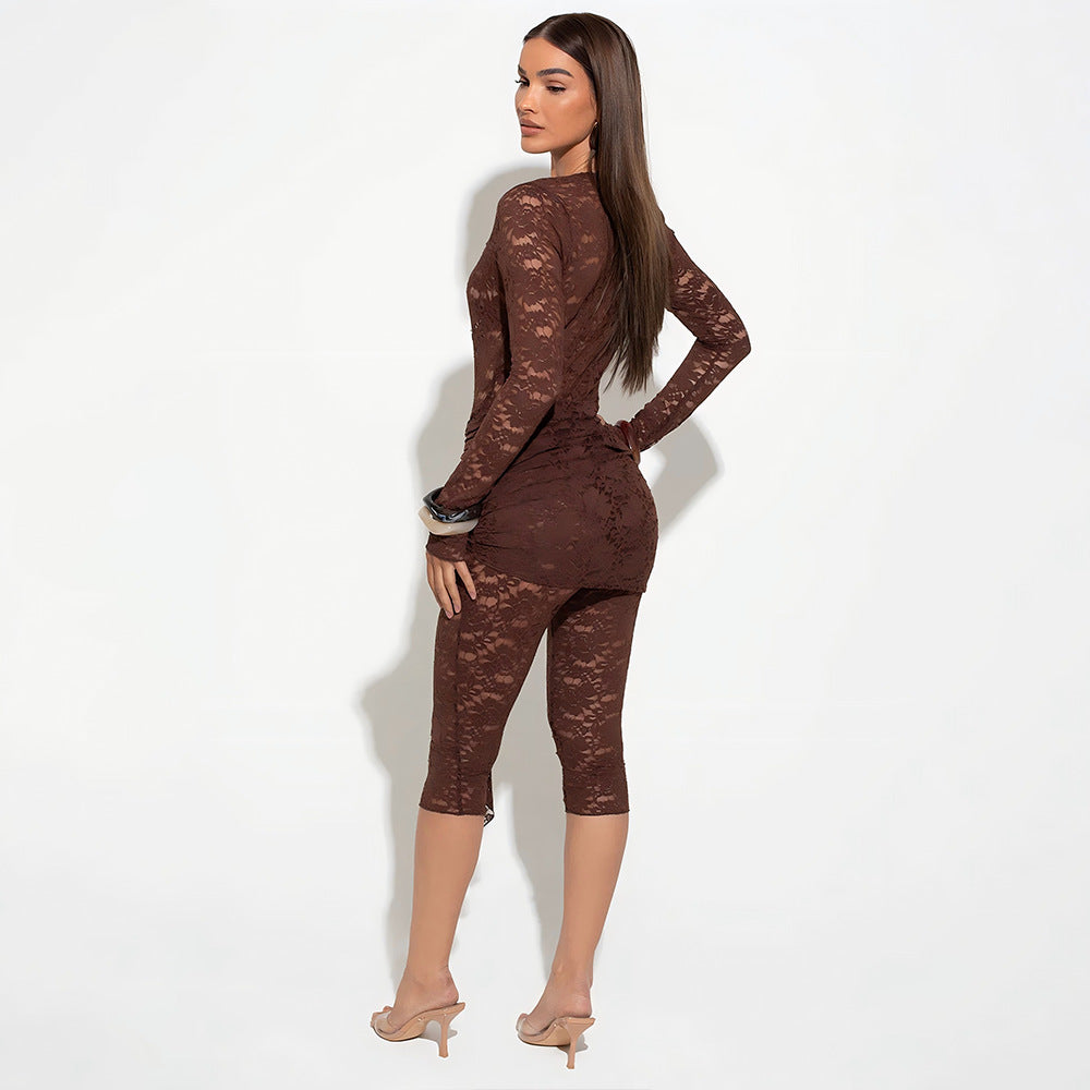 Sexy Lace Tight Jumpsuit with Deep V-Neck