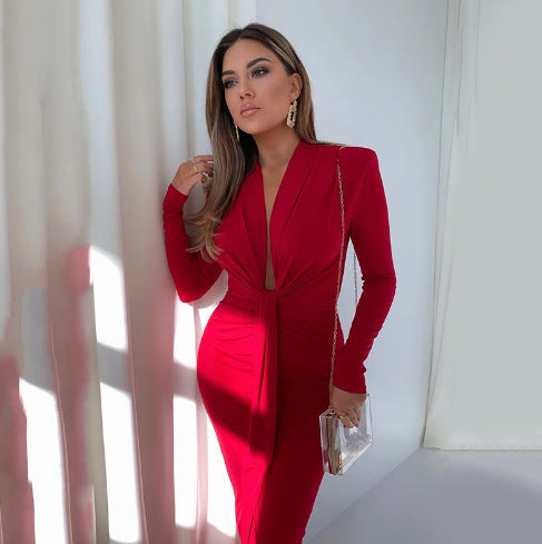 European and American Ins Simple Sexy Irregular Long Dress Trade Summer Foreign Trade New Long Sleeve Waist Pleated dress