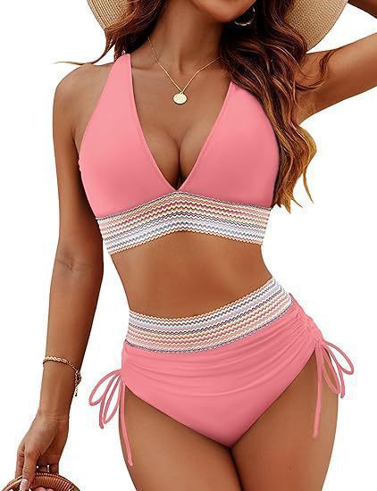 A sexy deep V-neck high-waisted bikini for a lady