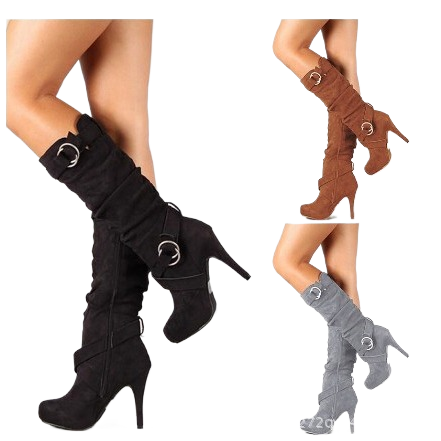 High-heeled suede belt mid-calf boots