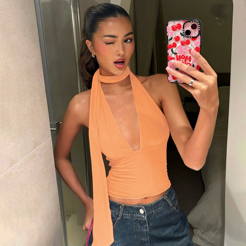 Sexy necktie strap low-cut halter top