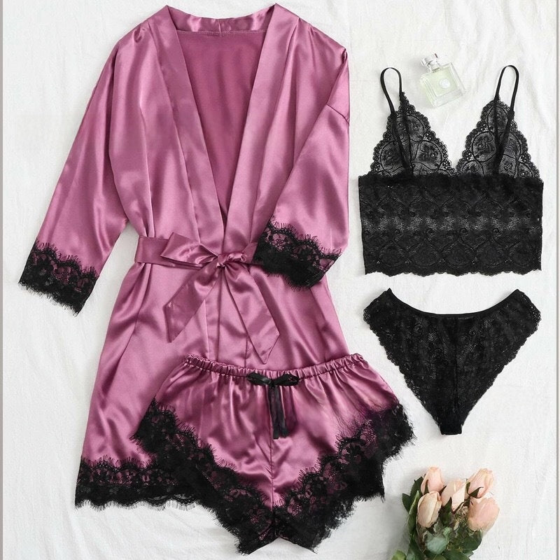 A 4-piece set of lace satin strappy pajamas