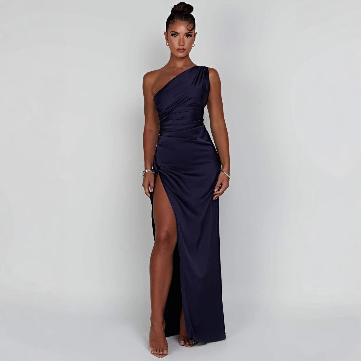 Single-shoulder pleated halter-style satin dress