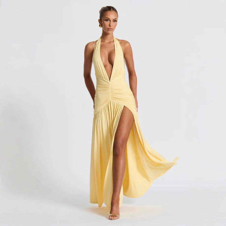 Solid-color neckline slit dress