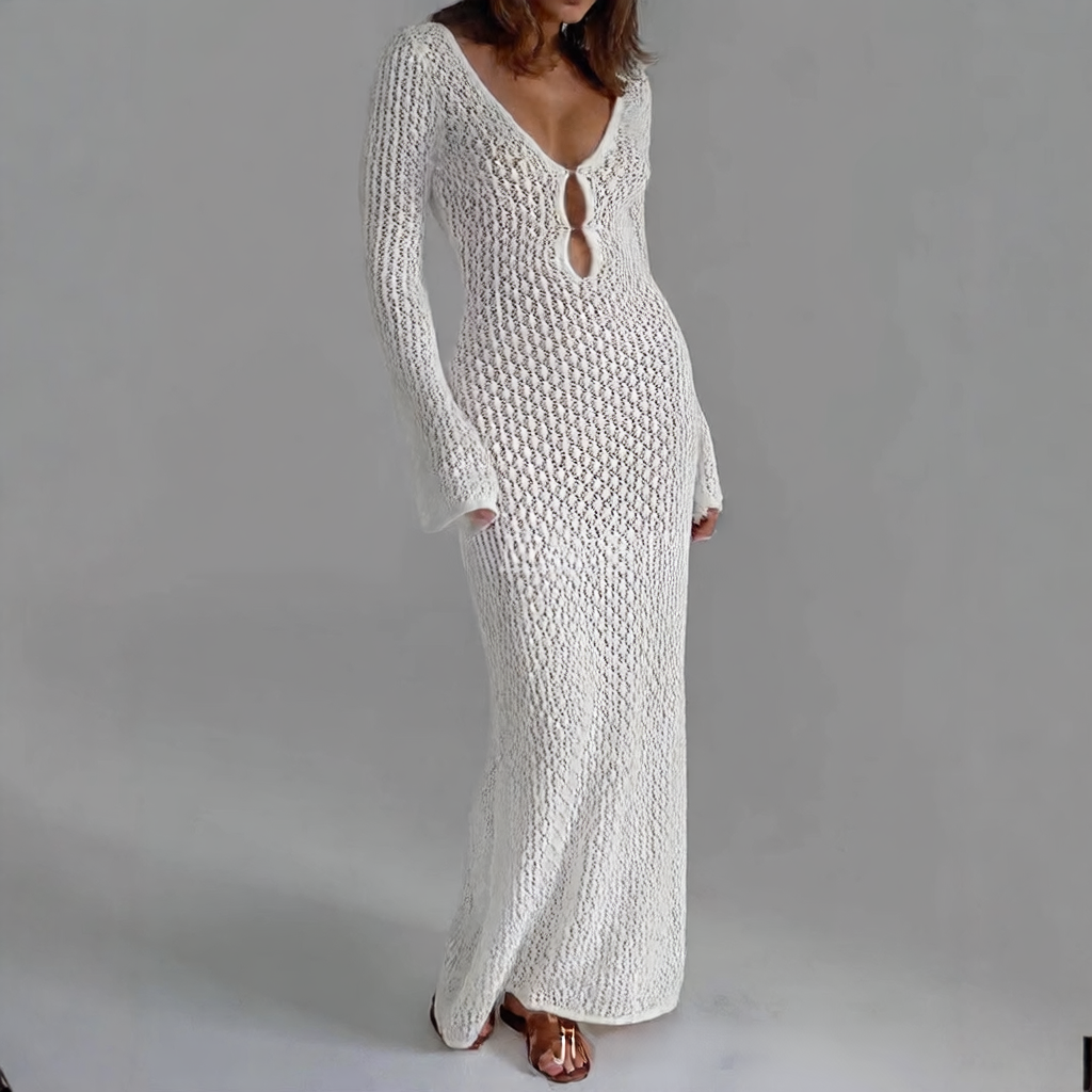 V-neck Hollow Sexy Knitted Long Sleeve Dress
