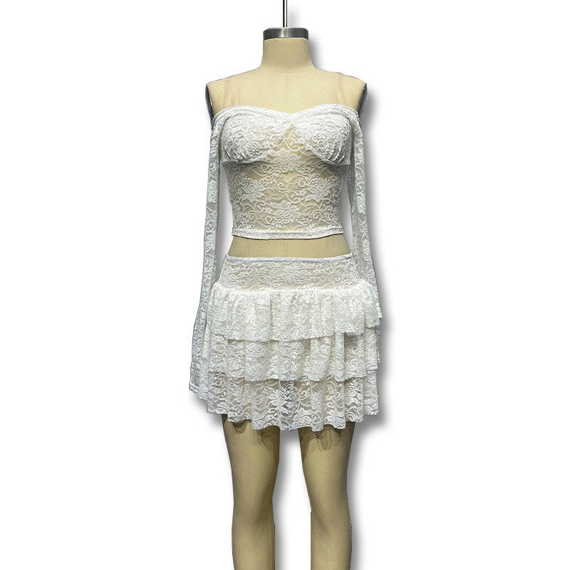 Patchwork Bustier Sheer Lace Skirt Set