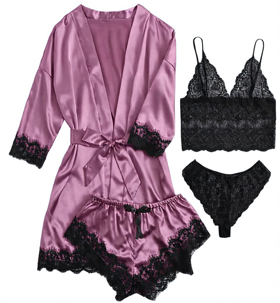 A 4-piece set of lace satin strappy pajamas