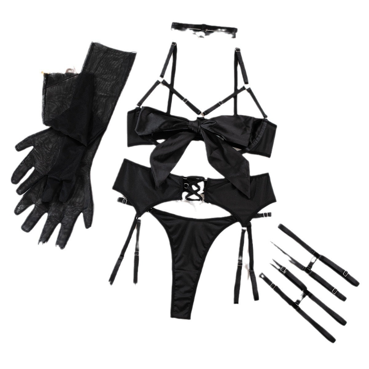 Sexy Bow Lingerie Set with Gloves and Leg Ring