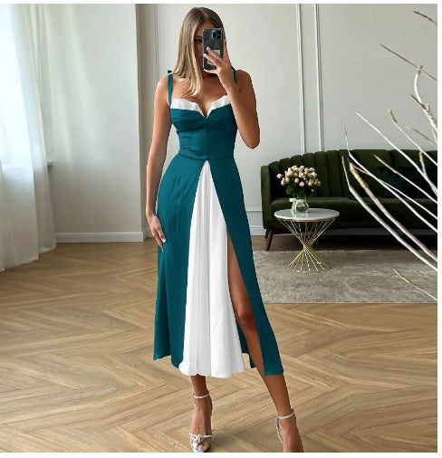 A sexy halter dress with a strapless look and a two-piece color-blocked fake dress
