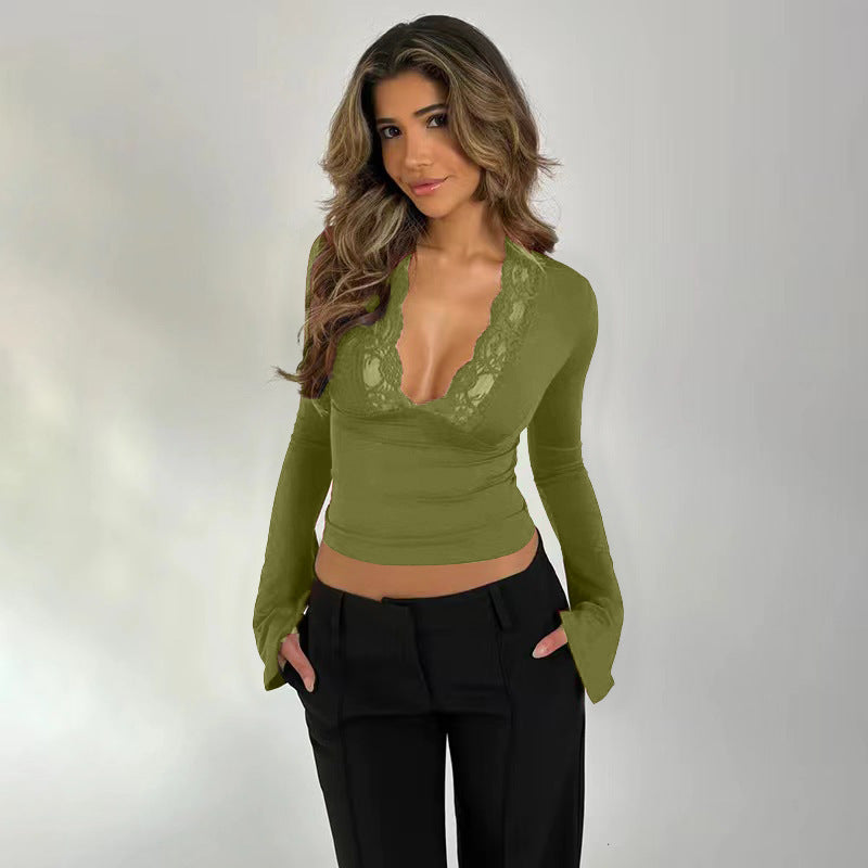 Lace spliced flared long-sleeve top