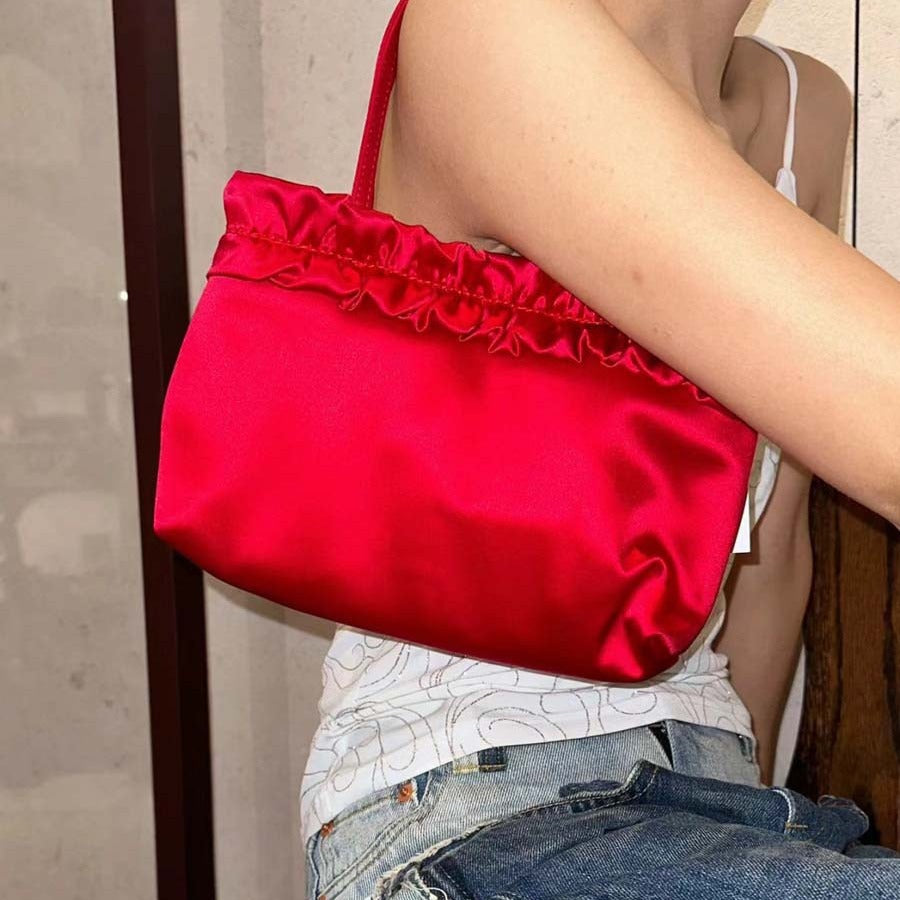 Red Crossbody Bag Handmade Satin Vintage Lace Flower Shoulder Bag