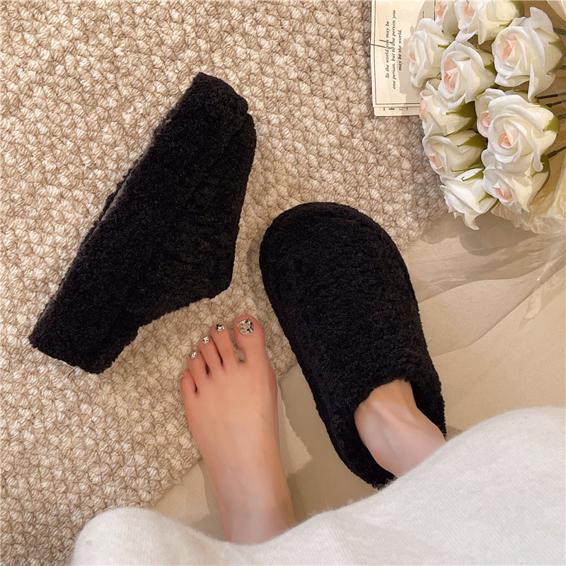 Retro-style closed-toe fleece-lined warm slippers