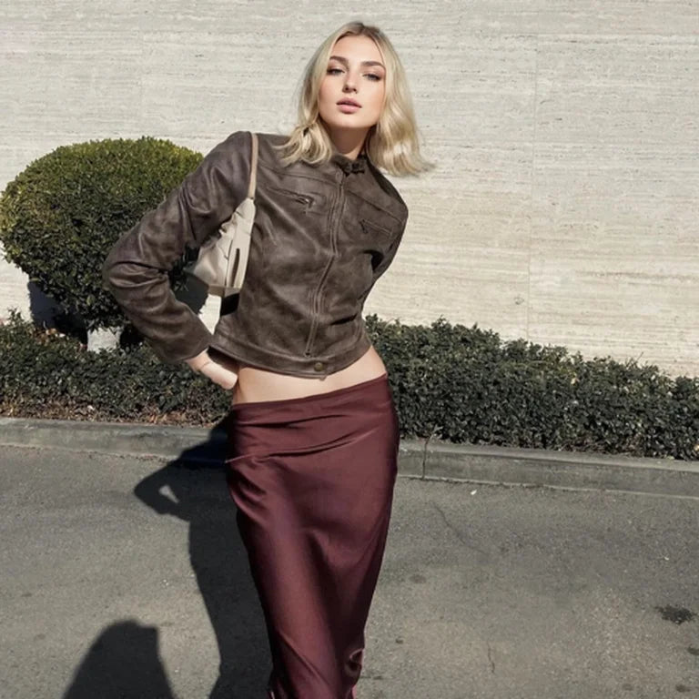 Stand-up collar leather jacket, short jacket by Instagram blogger