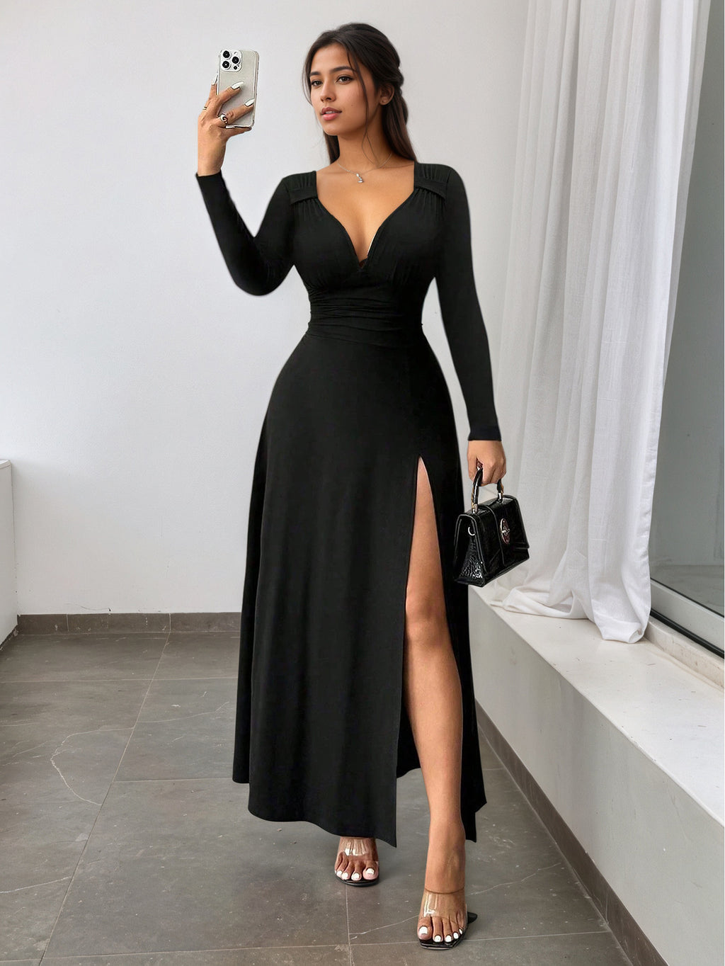 Retro V-Neck Long Sleeve Flared Dress