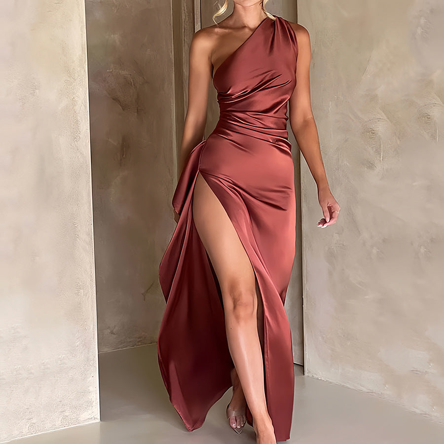 Single-shoulder pleated halter-style satin dress