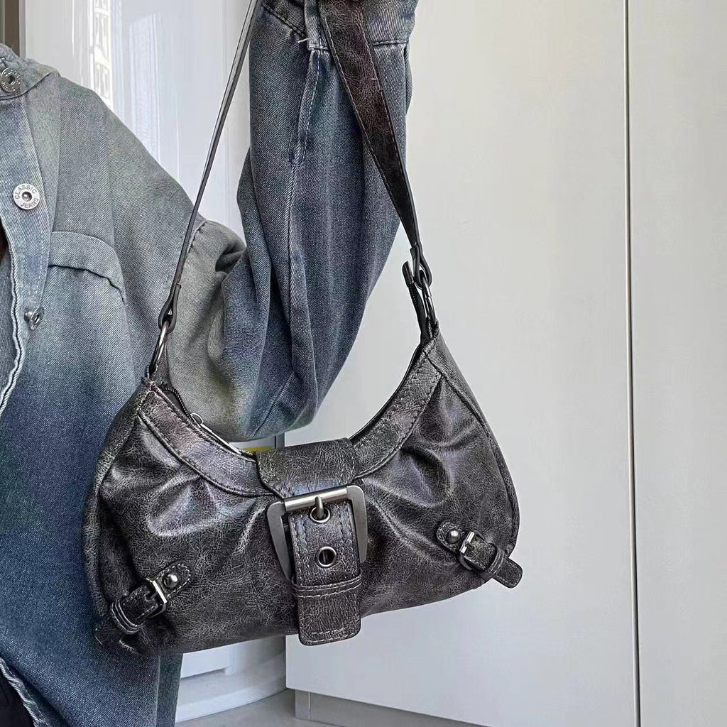 Distressed two-tone leather shoulder bag