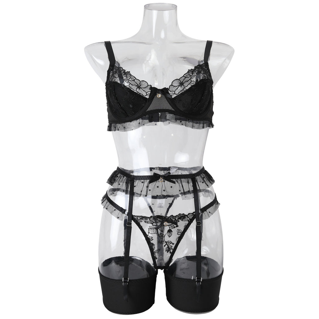Black Heavy Craftsmanship Embroidered Lingerie Set - Wholesale Lingerie Front View