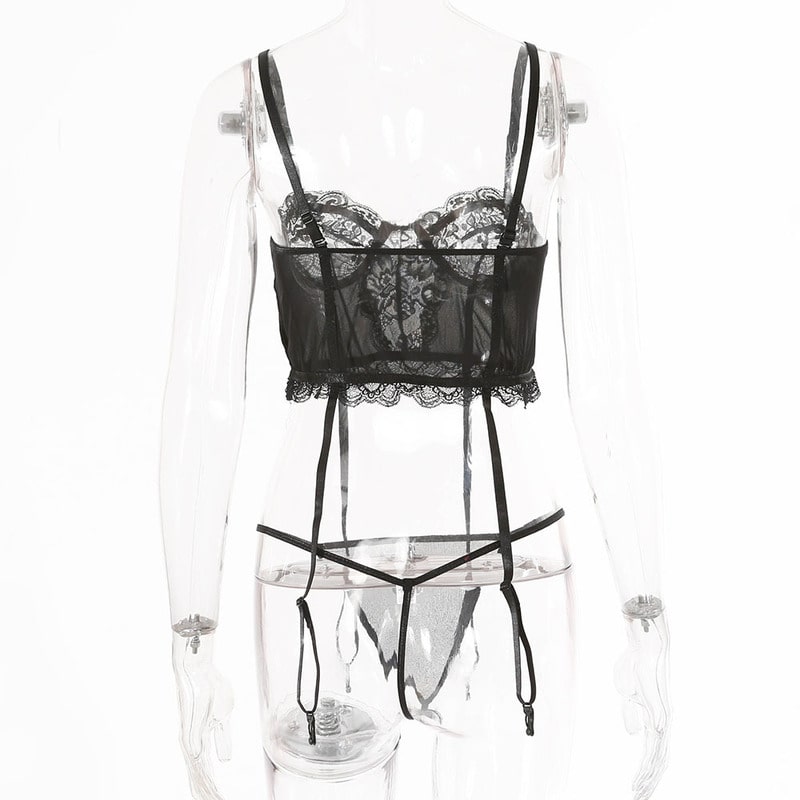 Black Simple Lace Hollow Out Sexy Lingerie Set Back View