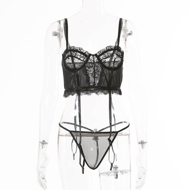 Black Simple Lace Hollow Out Sexy Lingerie Set Front View