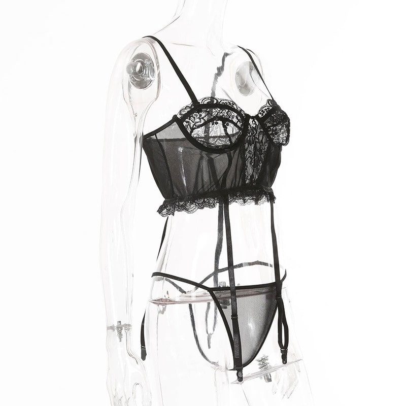 Black Simple Lace Hollow Out Sexy Lingerie Set Site View