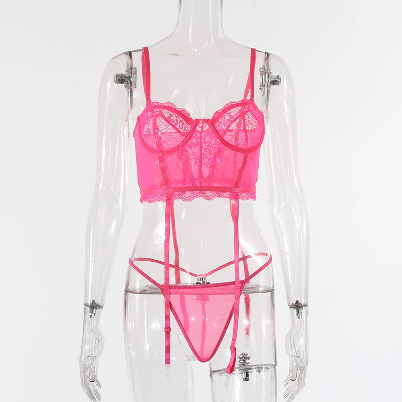 HotPink Simple Lace Hollow Out Sexy Lingerie Set Front View