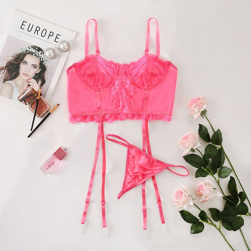 HotPink Simple Lace Hollow Out Sexy Lingerie Set Over View