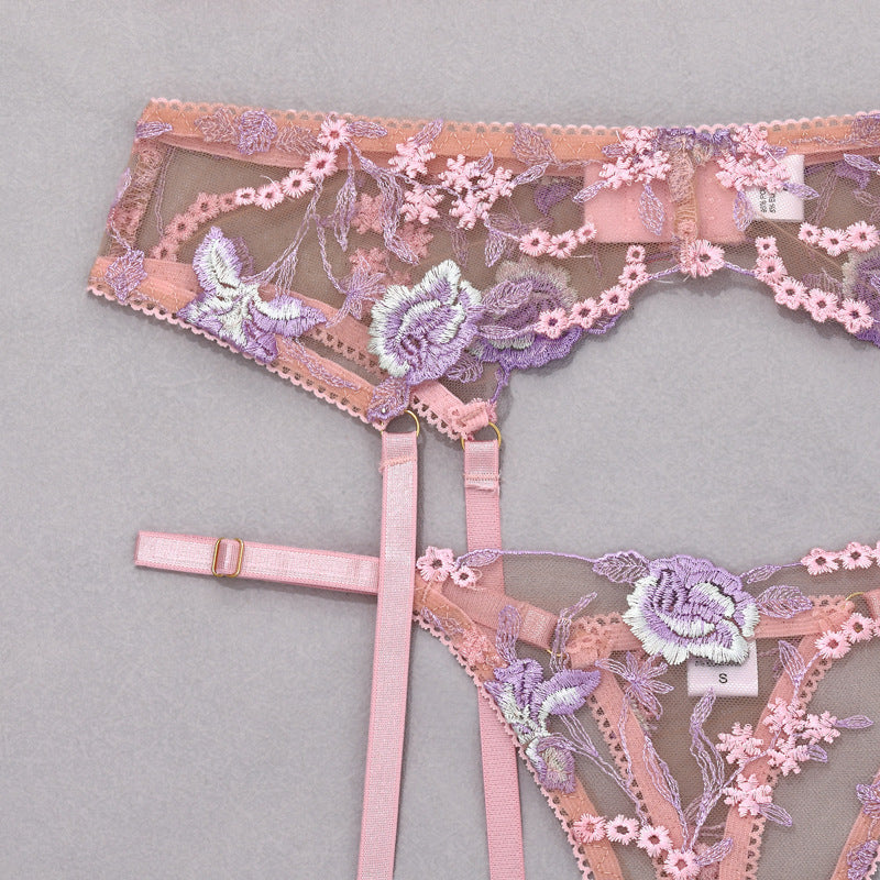 Stunning Sexy Bra and Panties Set with Purple Embroidery - B2B Lingerie Supplier Garter Details Show