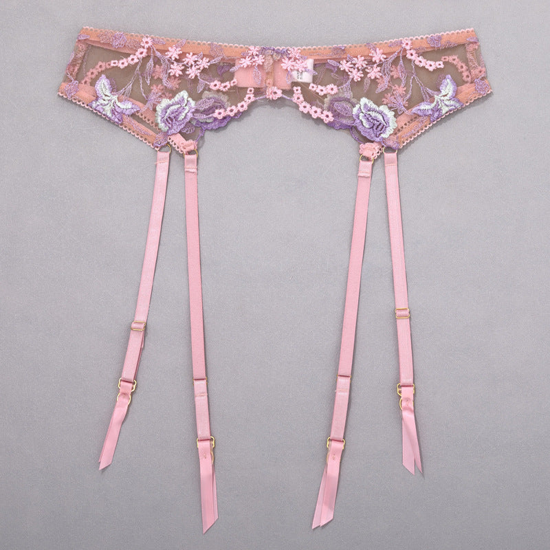 Stunning Sexy Bra and Panties Set with Purple Embroidery - B2B Lingerie Supplier Garter Details