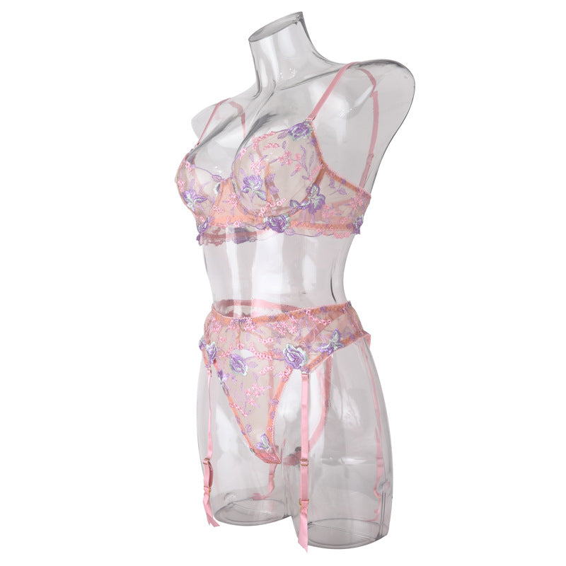 Stunning Sexy Bra and Panties Set with Purple Embroidery - B2B Lingerie Supplier Side View