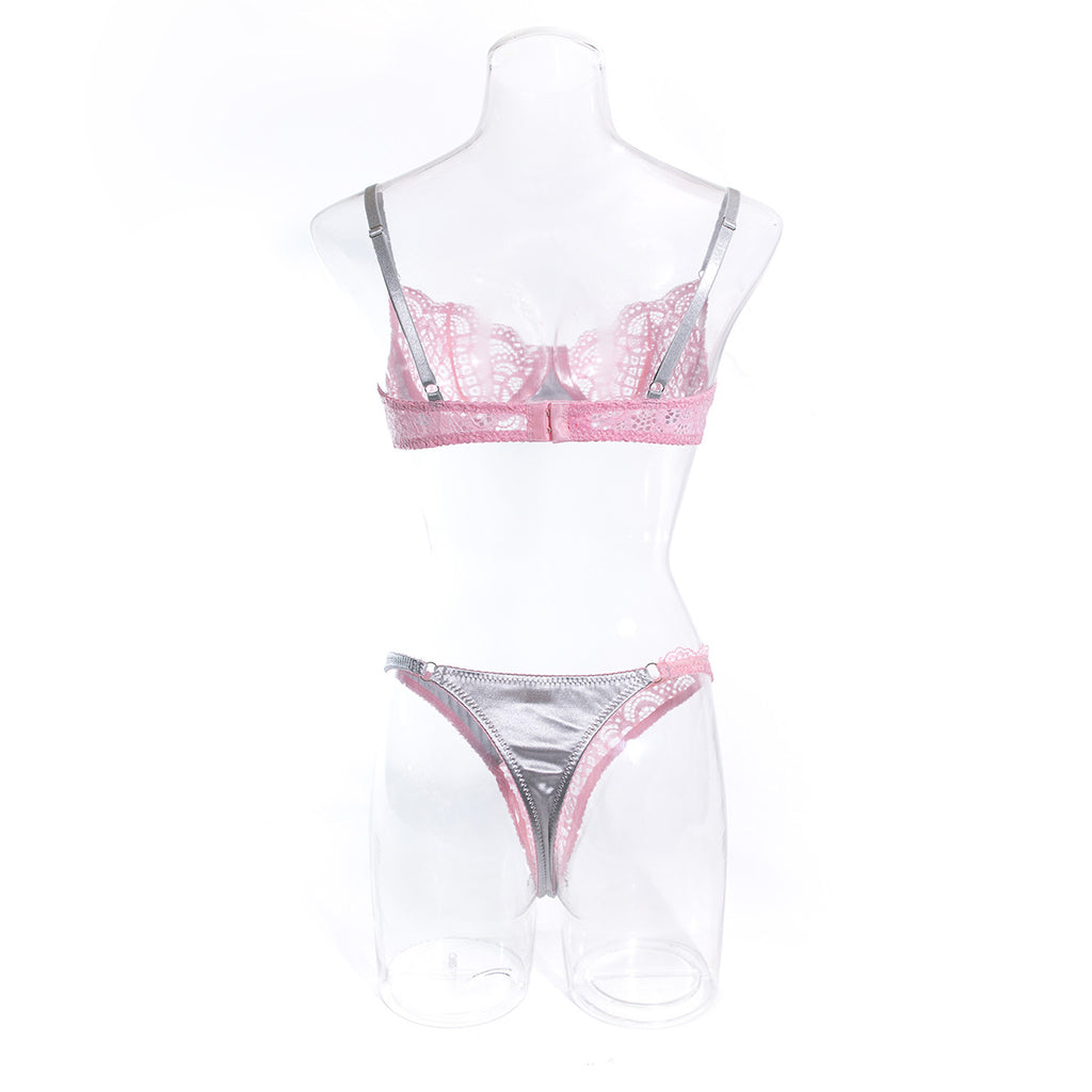 Wholesale Sexy Lace Lingerie Set in Silver Gray and Pink Contrast Back View