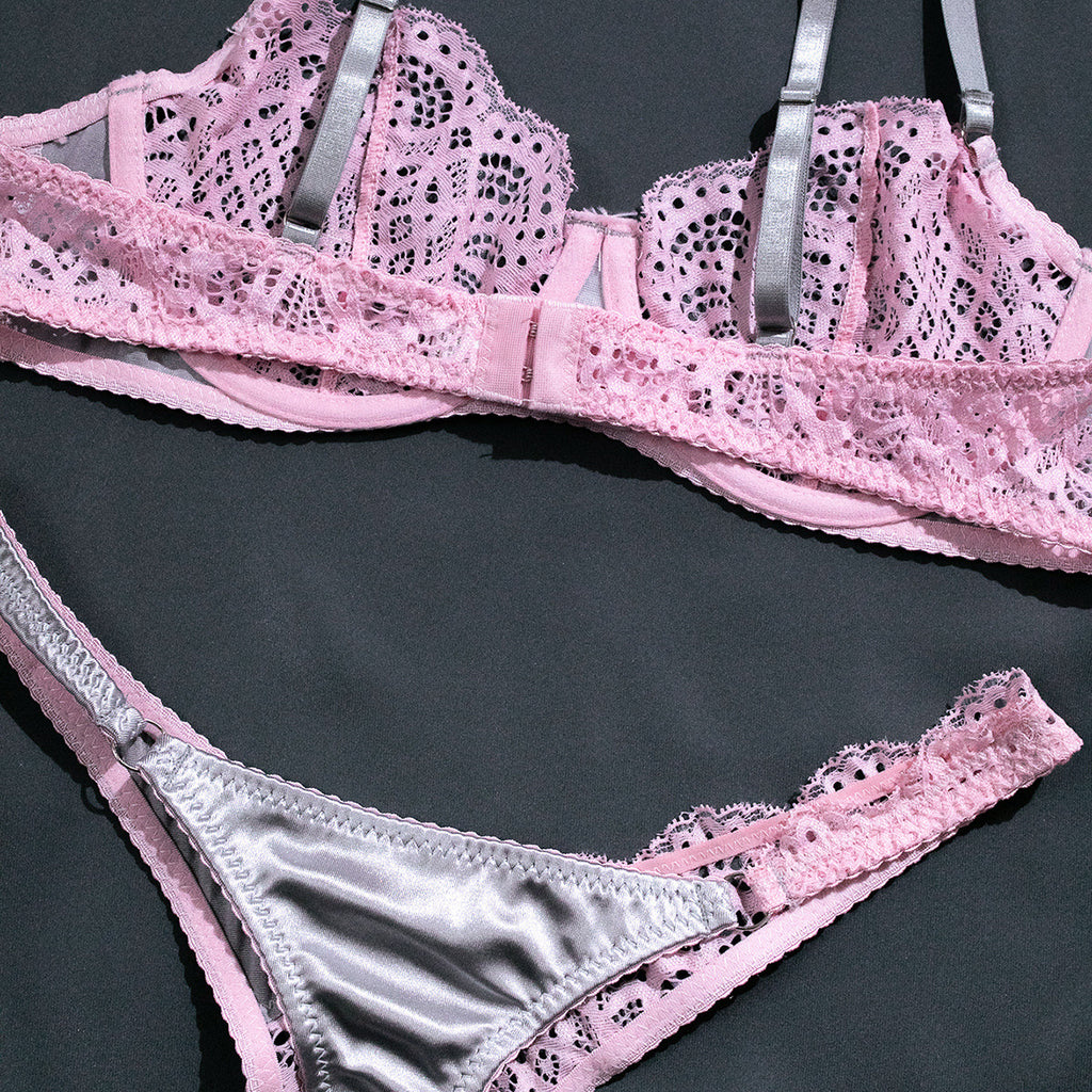 Wholesale Sexy Lace Lingerie Set in Silver Gray and Pink Contrast Details Show